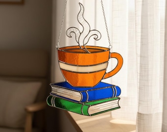 Coffee Cup and Books Stained Glass Pattern, Cozy Reading Nook Decor, Book Lover Gift, Library Window Hanging Art, Café Style Glass Ornament