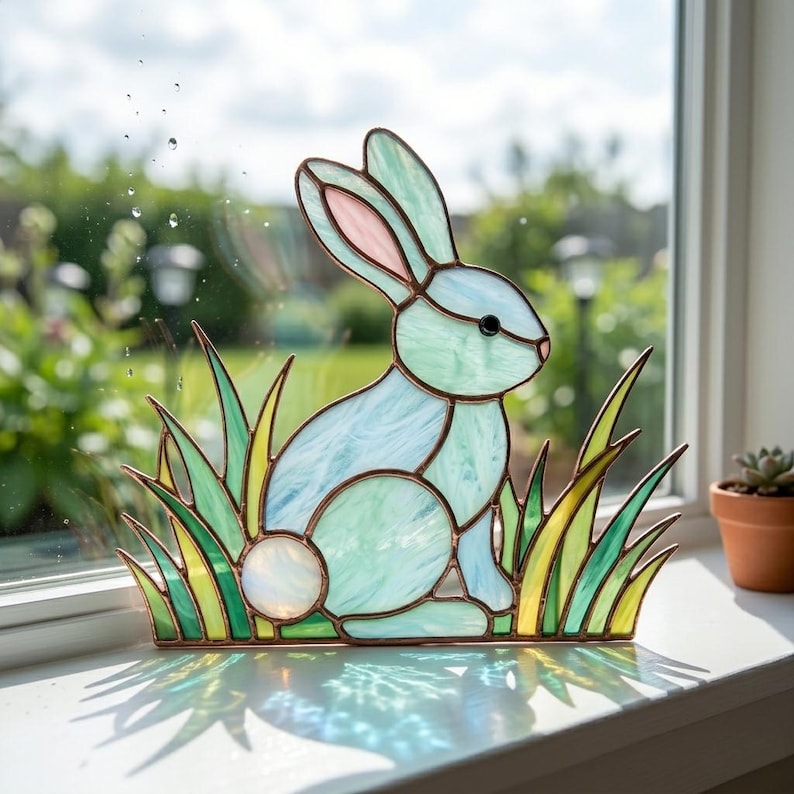 Easter Bunny Stained Glass Pattern, Rabbit in Grass Suncatcher Design ...