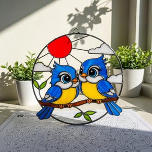 Bluebird Couple Stained Glass Suncatcher, Love Birds on Branch with Sun PDF Pattern Decor Home, Romantic Gift, DIY Gift For Her