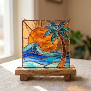 Mönster med målat glas på stranden, fönsterhänge med havsvågor, tropisk palmdekor, kustkonstpanel, sommarsemestergåva