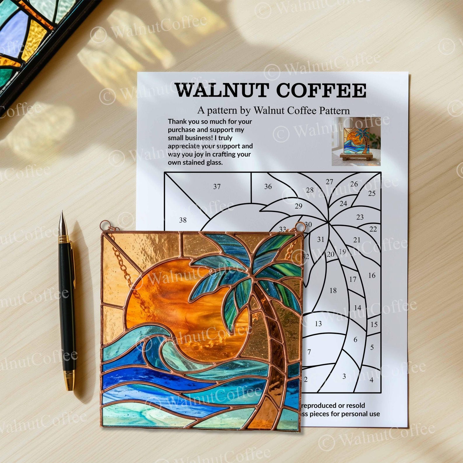 Beach Sunset Stained Glass Pattern, Ocean Wave Window Hanging, Palm ...