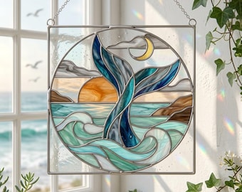 Whale Tail Stained Glass Pattern, Coastal Ocean Whale Suncatcher, Beach Window Hanging Decor, DIY Glass Art Template