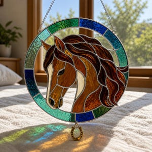 Op de afbeelding: Gebrandschilderd glazen paardenhoofd zonnevanger. Het paard heeft een bruine en bruine vacht met een witte bles. Het cirkelvormige frame is groen en blauw. Een gouden hoefijzerbedel hangt eronder. De zonnevanger wordt opgehangen door een zilveren ketting.