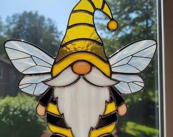 Bee Gnome Stained Glass Pattern, Yellow Hat Window Hanging Art (Digital Download)