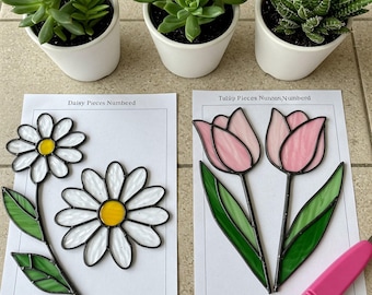 Daisy and Tulip Stained Glass Pattern: Floral Suncatcher DIY (PDF)