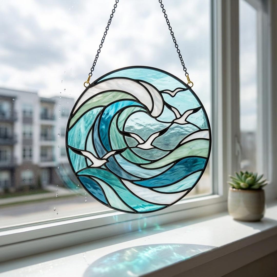 Ocean Wave Stained Glass Pattern, Sea Waves With Seagulls Suncatcher ...