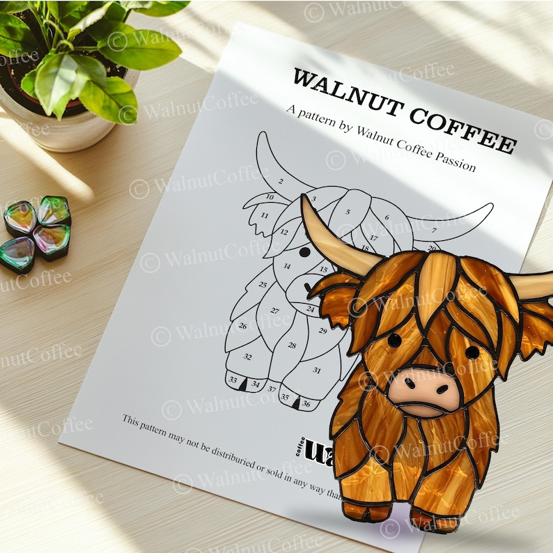 May include: A black and white line drawing of a Highland cow with numbered sections. The drawing is labeled "WALNUT COFFEE" and "A pattern by Walnut Coffee Passion".