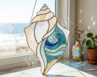 Seashell Stained Glass Pattern, Coastal Ocean Shell Suncatcher, Beach Window Hanging Decor, DIY Glass Art Template