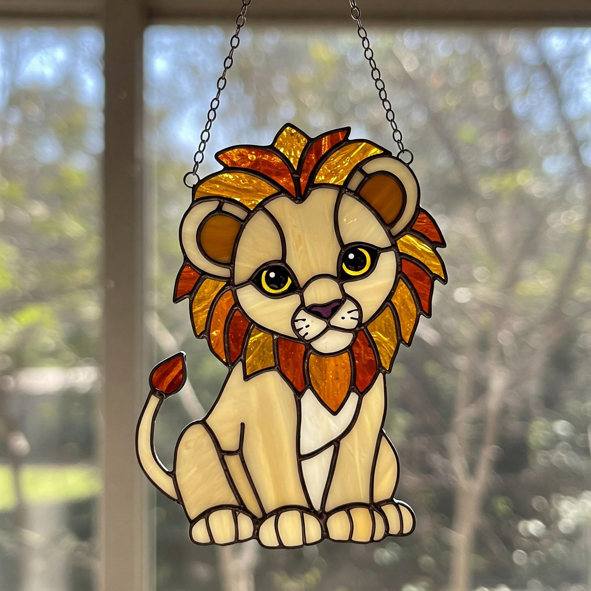 かわいいライオンのステンドグラスサンキャッチャー、ジャングル