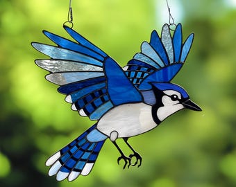 Pattern Blue Jay Stained Glass, Blue Jay Stained Glass Suncatcher, DIY Stained Glass Home Decor, Bird Window Hanging Decor