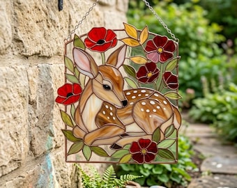 Baby Deer Stained Glass Pattern, Fawn with Flowers Suncatcher Design, Digital Download, Forest Animal Wall Art, DIY Nature Glass Pattern PDF