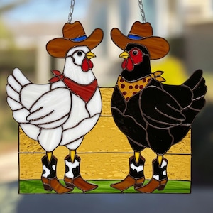 Chicken Cowboy Hat Stained Glass Pattern, Hen and Rooster Stained Glass Pattern, DIY Stained Glass, Festive Pattern PDF, Gift for mom