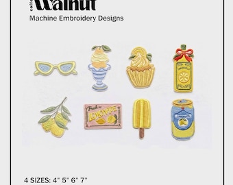 Summer Lemonade Embroidery Pattern Bundle, Lemon Drinks & Sweets Design, Sunglasses Ice Cream Cupcake Machine Embroidery File, Yellow Art
