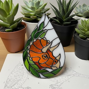 PDF Triceratops Dinosaur Stained Glass, Triceratops Dinosaur in Jurassic Leaf Frame Stained Glass, Dino Lover Gift, DIY Pattern Decor Home