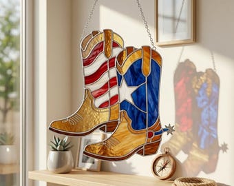 Western Cowboy Boot Stained Glass Pattern, USA Flag Boots Suncatcher, Digital Download