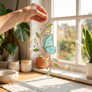 May include: A stained glass butterfly suncatcher with teal wings and green leaves. The butterfly is attached to a metal vine with a hanging hook. The suncatcher is held up in front of a window.