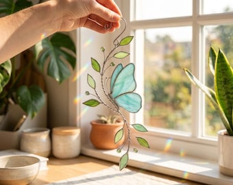 Butterfly Stained Glass, Blue Butterfly Stained Glass Suncatcher, DIY Nature Home Decor, Floral Glass Pattern, Digital Download