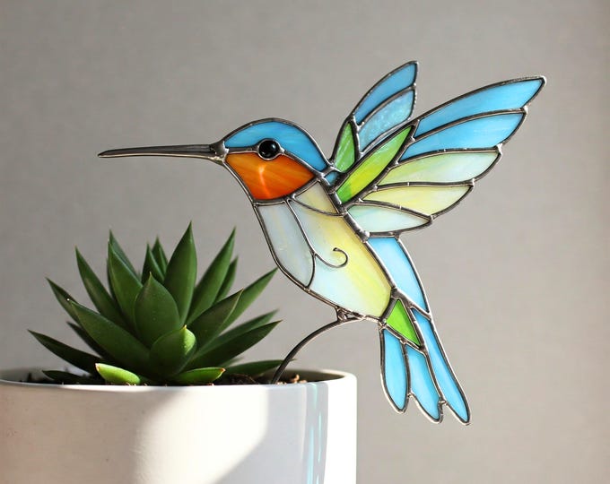 Stained Glass Hummingbird Planter Suncatcher: Village Style Decor