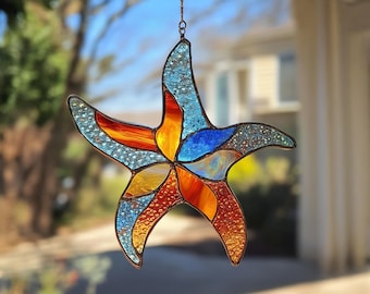 Starfish Stained Glass Pattern, Coloful Starfish Stained Glass Suncatcher, DIY Stained Glass, Spring Home Decor, Festive Pattern PDF