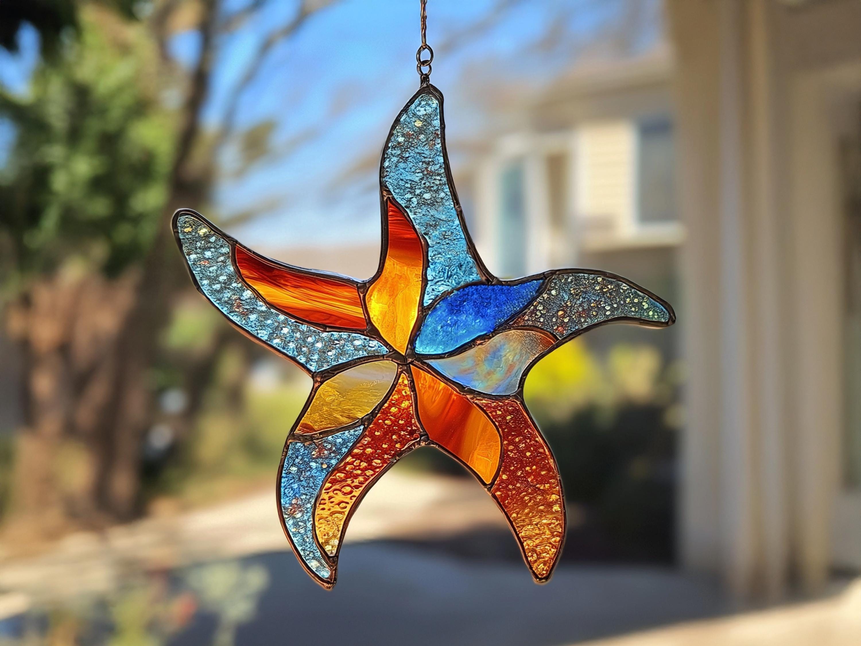 Motif étoile de mer en vitrail, attrape-soleil en vitrail étoile de mer coloré, vitrail DIY, décoration printanière, motif festif PDF