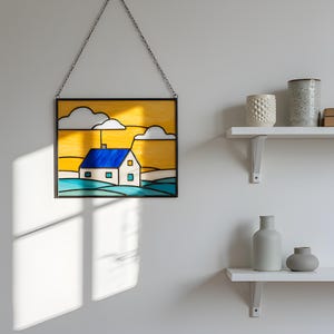 Landscape Stained Glass Pattern, DIY House Stained Glass Suncatcher, Simple Home Decor, PDF, Hanging Decor Home