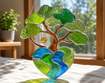 Tree of Life Stained Glass Pattern, Heart Earth Stained Glass Suncatcher, Nature Window Hanging Decor, DIY Glass Art ( Digital Dowload)