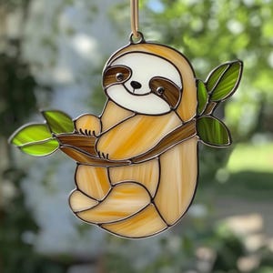 May include: A stained glass sloth hanging from a branch with green leaves. The sloth is brown and white with a white face and black eyes.