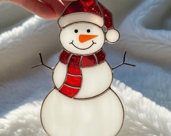 Cute Snowman Stained Glass Pattern, Christmas Window Hanging, Winter Holiday Decor, Handmade Glass Ornament Gift