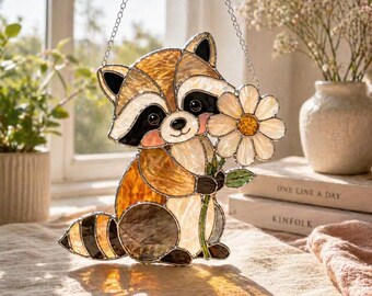 Raccoon Stained Glass Pattern, Cute Woodland Raccoon Suncatcher, Cottagecore Window Hanging Decor, DIY Glass Art Template (Digital Download)