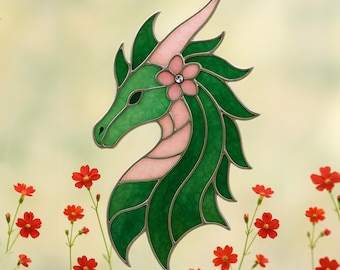 Green Dragon Stained Glass Suncatcher, Floral Fantasy Window Hanging (PDF Pattern)