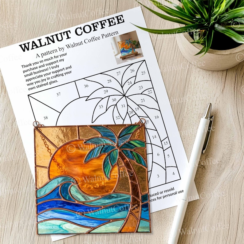 Beach Sunset Stained Glass Pattern, Ocean Wave Window Hanging, Palm ...