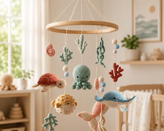 Móvil infantil artesanal con temática marina, móvil infantil de ganchillo con motivos marinos, decoración infantil de fieltro pastel con animales marinos hecha a mano, regalo personalizado para baby shower.
