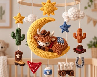 Crochet Highland Cow Baby Mobile, Western Cowboy Nursery Decor, Moon Cactus Boot Horseshoe Crib Mobile, Handmade Baby Shower Gift
