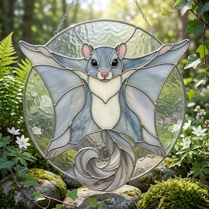 May include: A circular stained glass suncatcher featuring a grey and white flying squirrel with outstretched gliding membranes. The piece is constructed with leaded glass segments in shades of grey, white, and soft pink, suspended by a metal chain.