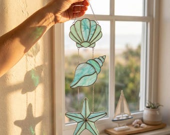 Coastal Seashell Stained Glass Suncatcher, Beach Ocean Window Hanging Decor (Digital Download)