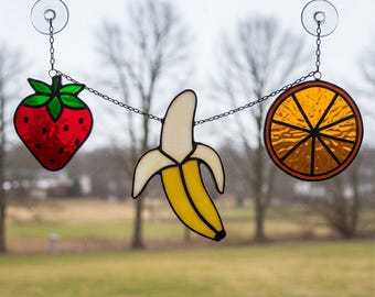 Pattern Strawberry Banana Orange Stained Glass, Handmade Fruit Suncatcher, DIY Stained Glass, Gift for her, Summer Decor