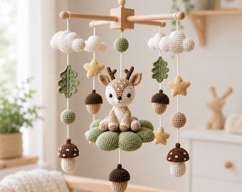Crochet Deer Baby Mobile, Woodland Crib Mobile, Forest Nursery Mobile, Handmade Baby Mobile, Woodland Nursery Decor, Baby Shower Gift