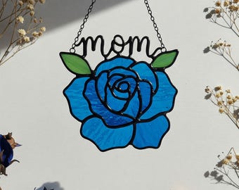 Stained Glass Blue Rose Suncatcher: Handmade Floral Window Decor