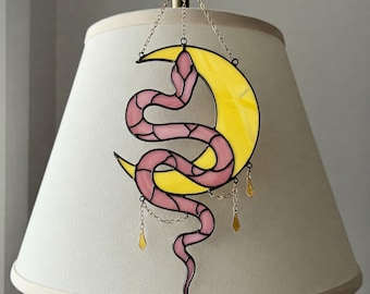 Snake and Moon Stained Glass Pattern, Pink Snake Stained Glass Pattern, Yellow Moon DIY Stained Glass, Festive Pattern PDF, Gift for mom