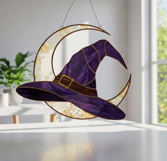 Witch Hat Stained Glass Pattern: Halloween Moon Suncatcher (PDF Download A3 Size)