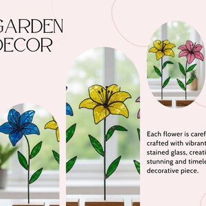 May include: Three stained glass flower sculptures with stems and leaves. The flowers are yellow, blue, and pink. The flowers are on a white background with the text "GARDEN DECOR" at the top.