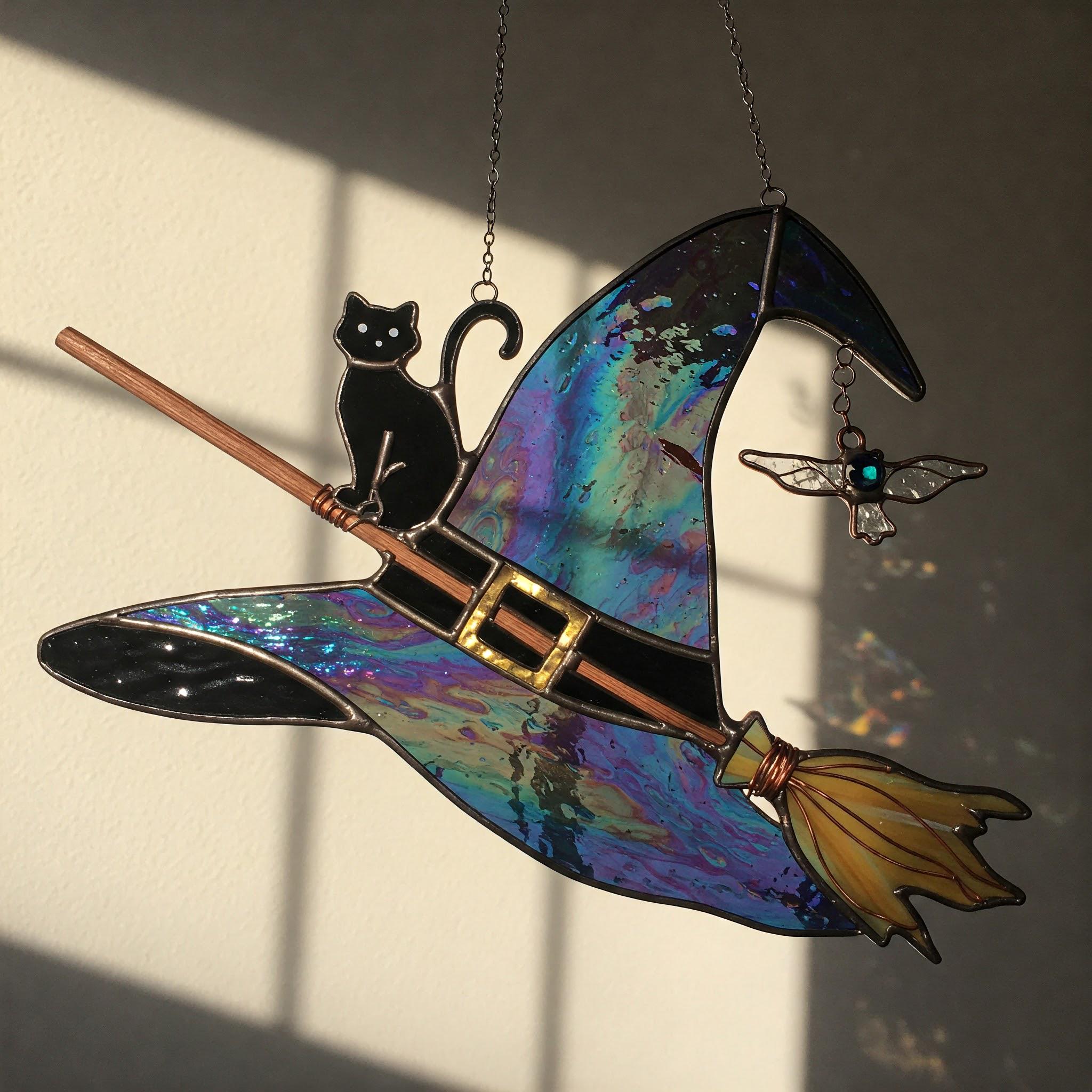 魔女の帽子ステンドグラスパターン：黒猫とほうきのサンキャッチャー