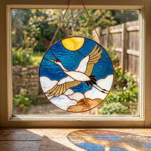 Op de afbeelding: Ronde glas-in-loodkunst met een kraanvogel in vlucht tegen een blauwe lucht met een gele zon. De kraanvogel heeft witte, gouden en zwarte details. Het kunstwerk is omlijst met een koperkleurig metaal en hangt aan een ketting.