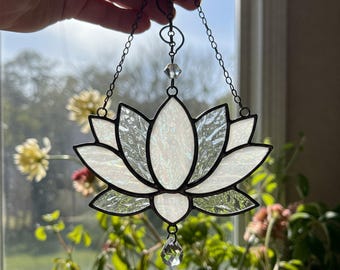 White Lotus Stained Glass Suncatcher: Floral Window Decor (PDF Pattern Included