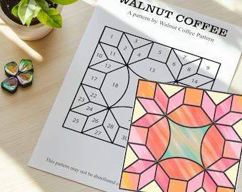 May include: A black and white printable pattern for a quilt block called "Walnut Coffee". The pattern is numbered 1 through 30 and includes instructions to create a geometric design with curved and straight lines. The pattern is for a quilt block with a starburst design.