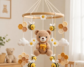 Crochet Bee Bear Baby Mobile, Honeycomb Nursery Decor, Bee Crib Mobile, Teddy Bear Nursery Mobile, Bee Theme Baby Gift, Nursery Decor
