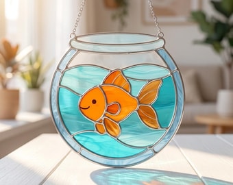 Goldfish Bowl Stained Glass Pattern, Cute Aquarium Fish Suncatcher, Coastal Window Hanging Decor, DIY Glass Art Template