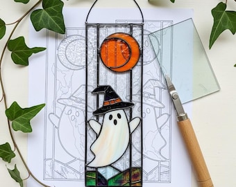 Ghost with Witch Hat Stained Glass Suncatcher Pattern (PDF Pattern)