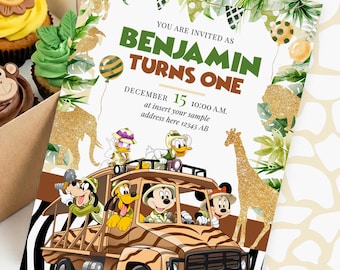 Invitación de Mickey Safari, invitación imprimible de la jungla de ratones, 0001