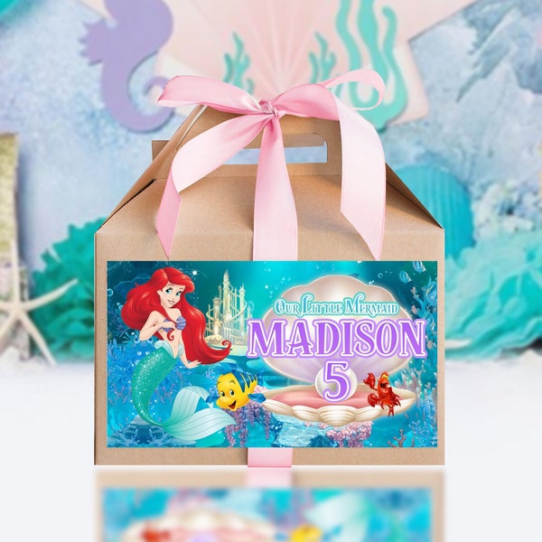 Mermaid Ariel Gable Box Label, Mermaid Ariel Treat Box Label, Mermaid Ariel Treat Box Party Favors 0027